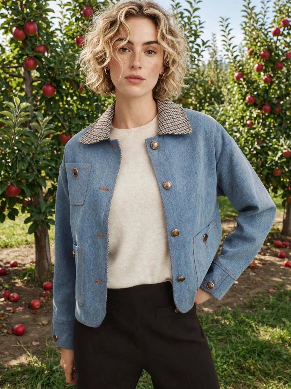 Sandro Light Blue Jean Jacket with Checked Contrast Collar size FR 34 US 0-2.